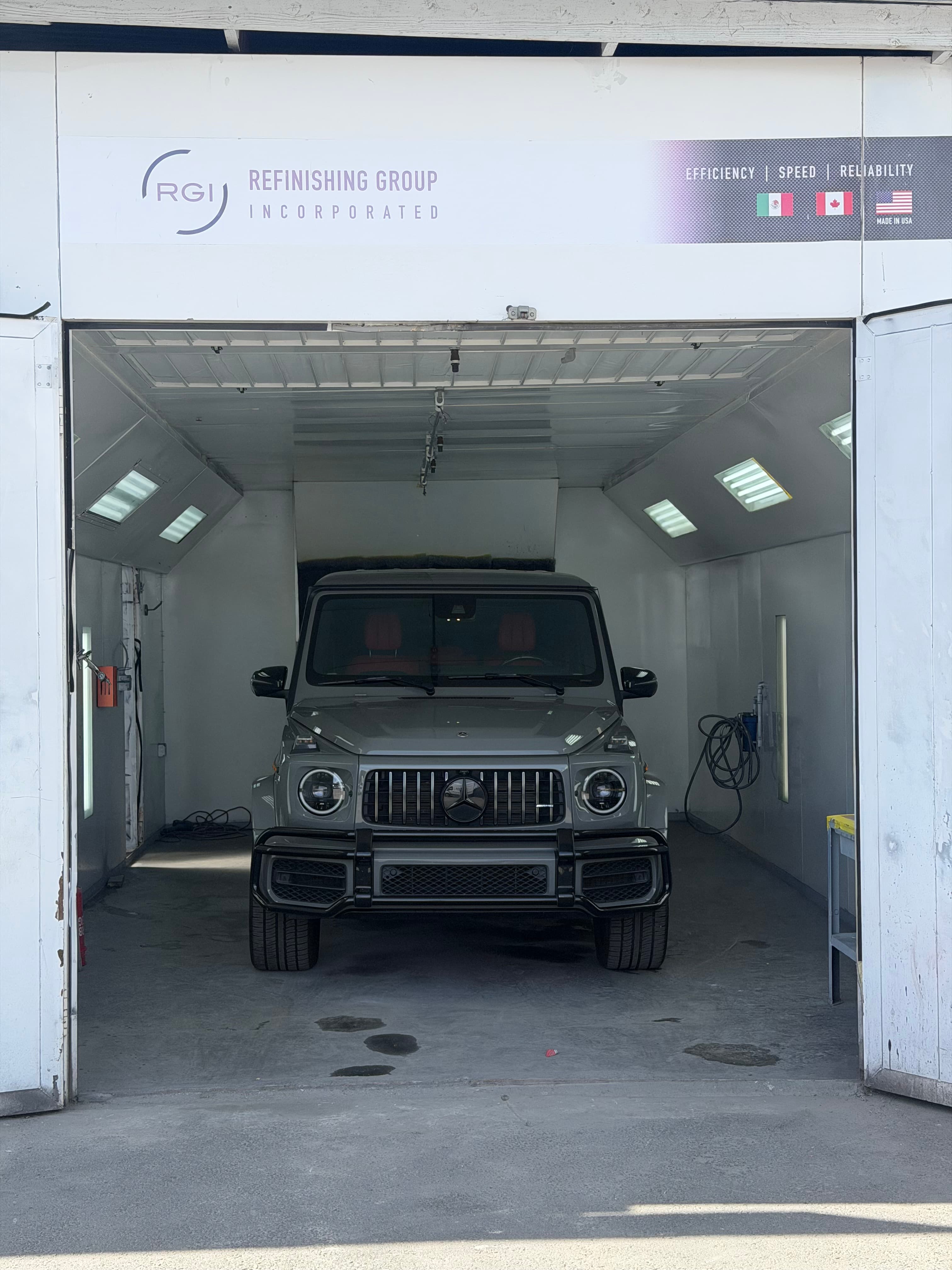 Mercedes-AMG G63 in the paint booth at D&S Auto Repair in Vallejo, CA