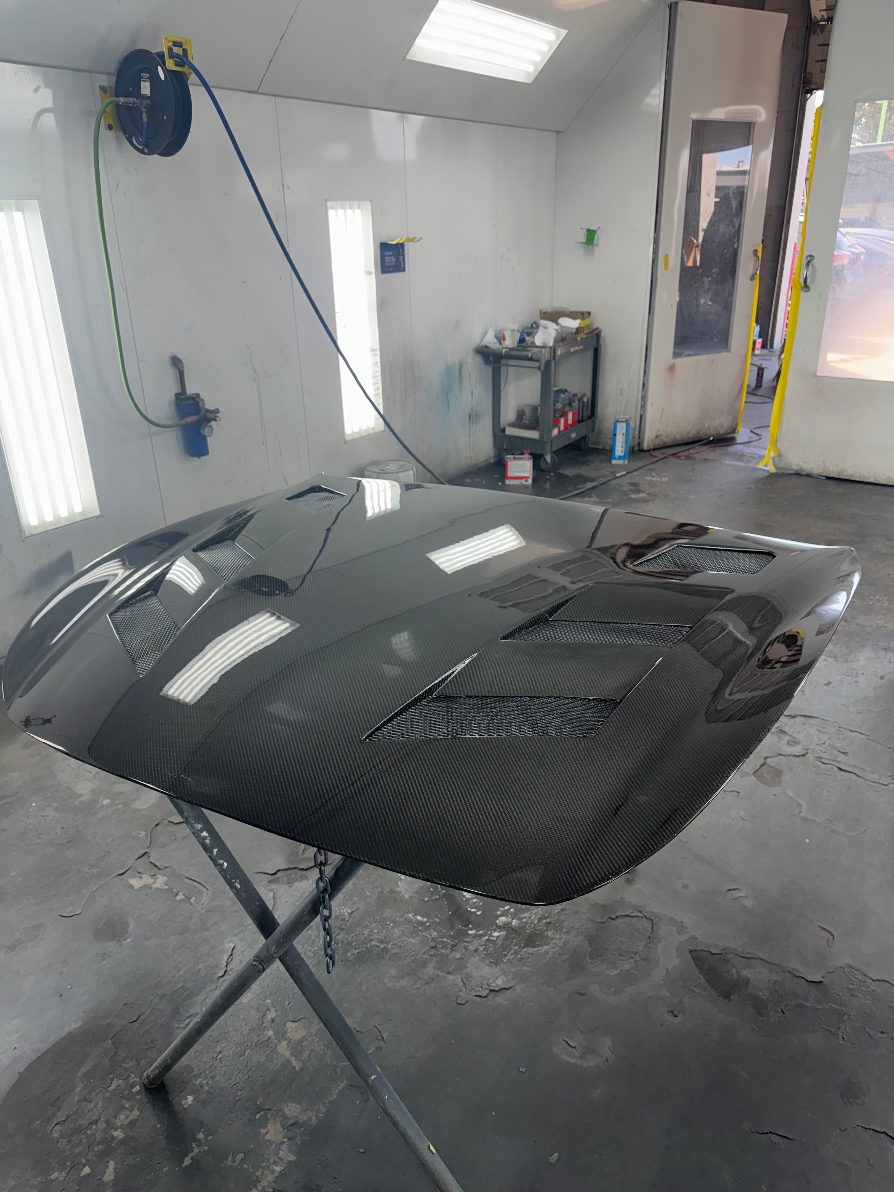 Custom vented hood refinished in black — after at D&S Auto Repair in Vallejo, CA
